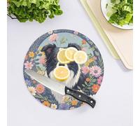 Border Collie Florals Planche à découper en verre trempé pour cuisine - Grande planche à découper et de service résistante à la chaleur - 20,3 x 20,3 cm