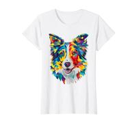 Border Collie Géométrique Pop Art Gros Plan Portrait Chiot Face T-Shirt Graphique avec Valeur, Femme, Blanc, S