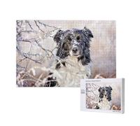 Border Collie Hiver Neige Blanc Noir Chiens,Puzzle Familial en Bois de 1 000 pièces pour Adultes et Adolescents, décoration d'intérieur