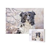 Border Collie Hiver Neige Blanc Noir Chiens,Puzzle Familial en Bois de 300 pièces pour Adultes et Adolescents, décoration d'intérieur