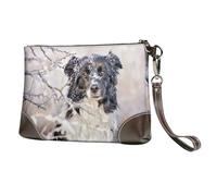 Border Collie Hiver Neige Blanc Noir Chiens,Sacs à Main en Cuir PU pour Femmes, Pochette à Fermeture éclair, Portefeuille, Sac à Main avec dragonne