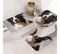 Border Collie Lot de 3 tapis de salle de bain en forme de U + tapis de bain antidérapant en microfibre + tapis pour abattant de WC, doux et absorbant pour décoration d'intérieur