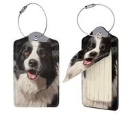 Border Collie - Lot de 4 étiquettes de bagage en cuir synthétique avec dos intégral, carte d'identité, étiquettes personnalisées pour sacs, étiquettes de valise avec boucle en métal, noir