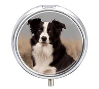 Border Collie Pilulier de voyage à 3 compartiments 3 fois par jour - Joli mini pilulier pour sac à main et poche - Boîte à médicaments portable en métal avec miroir - Récipient rond pour médicaments