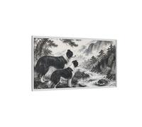 Border Collies Pets By Mountain Stream Framed Canvas Print Wall Art - Living Room Decor, Above Sofa 48×24 inch (120×60 cm) - Horizontal/White / 1.25 inch (3 cm)