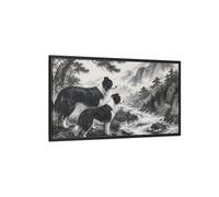 Border Collies Pets By Mountain Stream Framed Canvas Print Wall Art - Living Room Decor, Above Sofa 48×24 inch (120×60 cm) - Horizontal/Black / 1.25 inch (3 cm)