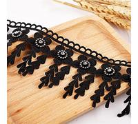 Bordure à franges en tissu avec perles de marguerites de 8 cm - Bordure décorative - Bordure décorative - Dentelle à pompons - Bordure à franges - Bordure à franges - Bordure à franges - Noir