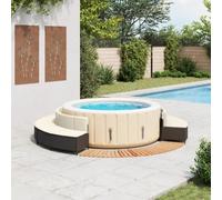 Bordure de spa en polyrotin noir avec bois d'acacia massif, 6 bancs, 2 niveaux, coussins amovibles, résistant aux intempéries pour piscine de jardin, piscine hors-sol confort