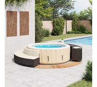 Bordure de spa noire en rotin synthétique et bois d'acacia avec banc, étagère et marches pour jardin et terrasse