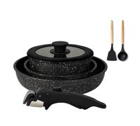 BOREINE Batterie de Cuisine 7 Pce, Lot Casserole et Poele, Set avec Poignee Amovible et Couvercle, Revêtement Antiadhésif en Granit sans PFOA, Compatible Tous Feux Induction Vitrocéramique Gaz, Noir