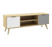 BORGH - Meuble TV 140cm 2 Portes Scandinave Pin Massif Gris, Blanc et Effet Chêne -