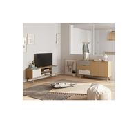 BORGH - Pack Salon Scandinave Meuble TV 140cm + Buffet 140cm 2 Portes en Pin Massif - Altobuy Beige