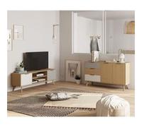 BORGH - Pack Salon Scandinave Meuble TV 140cm + Buffet 140cm 2 Portes en Pin Massif - Altobuy Beige G
