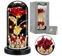 BoriYa Cadeau Fete des Meres - Cadeau Femme, Rose Eternelle avec Couronne,Fleur Eternelle sous Cloche LED, Rose Eternel en Verre avec Carte de Voeux, Roses Eternels Cadeau des Maman,Anniversaire Femme