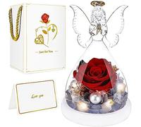 BoriYa Cadeau Maman - Ange Rose Eternelle - Rouge Fleur Eternelle avec Lumiere LED et Perles,Vraie Rose Éternel sous Cloche en Verre, Romantiques Roses Préservées,Idee Cadeaux pour Maman,Copine, Femme