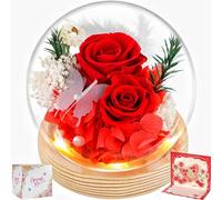 BoriYa Rose Eternelle - Cadeaux Femme,Cadeau Fete des Meres,Fleur Eternelle Maman,Roses Eternel sous Cloche avec Lumière LED, Rose Stabilisée en Verre avec Carte de vœux en 3D pour Anniversaire Femme
