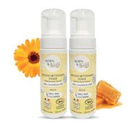 BORN TO BIO Mousse Nettoyante Visage Bio pour Peaux Sensibles - Lot de 2 x 150ml : Douceur - Miel Calendula - Nettoyage Doux et Efficace - Texture Ultra Légère - Certifiée Bio