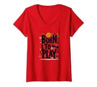 Born to Play : Typographie de Sports et de Jeux ludiques T-Shirt avec Col en V, Femme, Rouge, L