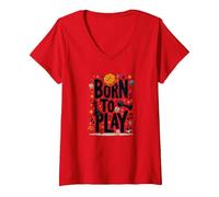 Born to Play : Typographie de Sports et de Jeux ludiques T-Shirt avec Col en V, Femme, Rouge, S