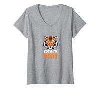Born to Roar : Fierce Tiger Spirit for Adventurers T-Shirt avec Col en V, Femme, Gris Chiné, XL