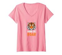Born to Roar : Fierce Tiger Spirit for Adventurers T-Shirt avec Col en V, Femme, Rose, XL