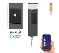 ledscom.de Borne d'éclairage PODEL avec piquet de terre pour l'extérieur, Smart Home, 39cm, anthracite, 2 prises de courant, ampoule G9 incluse, 596lm, blanc