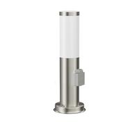 ledscom.de Borne d'éclairage PORU avec prise de courant pour l'extérieur, inox, ronde, 38,5cm, ampoule E27 incluse, 471lm, blanc extra-chaud