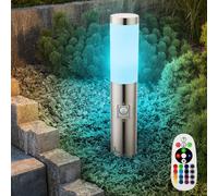 Borne E27 lampadaire jardin éclairage extérieur détecteur de mouvement, télécommande dimmable mémoire IP44, capteur, acier inoxydable argent opale, 1x LED RGB 8.5W 806Lm 3000K, DxH 7.6x45cm
