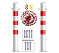 Bornes de stationnement 2 pièces et chaîne de barrière de 5 m pour allées Poteaux métalliques de 75 cm × 14 cm avec bande réfléchissante et anneau de suspension Installation facile (blanc et rouge) (b