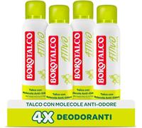 Borotalco, Lot de 4 déodorants actifs en spray jaune, talc avec molécules anti-odeurs, efficacité fraîche, efficacité 48h, sans alcool, parfum de cèdre et de citron vert, 150 ml
