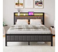 BORPHOM Cadre de lit avec LED, station de charge, lit d'appoint, lit d'appoint, lit d'appoint, lit d'appoint, en métal, 140 x 200 cm, cadre de lit pour adolescent, avec sommier à lattes, tête de lit