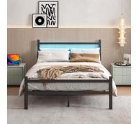 BORPHOM Cadre de lit double avec lumières LED, station de charge, cadre de lit double en métal avec rangement, sommier à lattes en acier robuste, assemblage facile, sans bruit, noir