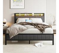 BORPHOM Lit capitonné, 160 x 200 cm, avec sommier à lattes en métal, cadre de lit en métal, 160 x 200 cm, avec éclairage LED, station de charge, lit double pour chambre à coucher, chambre d'amis, gris
