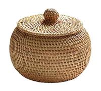 Bortivier Boîte Ronde en Rotin Tissée à la Main, Plateau de Bureau Multifonctionnel avec Couvercle, Panier de Rangement, Décoration pour