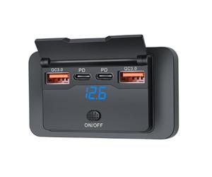 Bortivier Chargeur USB Double PD + Double QC3.0 4 Ports 12 V 108 W avec Voltmètre Numérique, Interrupteur, Prise de Courant, Adaptateur de Panneau