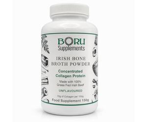 Boru Bouillon d'os de bœuf irlandais non aromatisé 100 % poudre concentrée, complément de bouillon de voyage nourri à l'herbe, protéines de collagène et acides aminés, bon pour les soupes, les