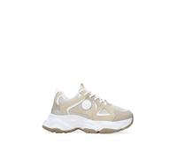 BOSANOVA Chaussures de sport pour femme avec tissu en maille épaisse, pièce ronde avec logo et semelle compensée de 4,5 cm. Fermeture par lacets ronds. Chaussures pour femme, beige, 38 EU