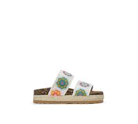 BOSANOVA Sandales pour femme style raquette avec deux bandes en macramé textile avec dessins ethniques multicolores et semelle en liège avec spart. Chaussures pour femme, blanc, 39 EU