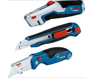 Bosch 1-600-A02-7M4 : Lot de 3 couteaux à lame rétractable segmentée, corps bleu et acier inoxydable, lame repliable acier inoxydable avec verrouillage, emballage blister.