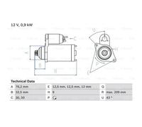 BOSCH Démarreur Starter 0.9kW Pour VW Golf IV Variant Seat Leon Toledo II