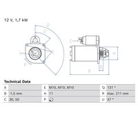 BOSCH Démarreur Starter 1.7 kW Pour Volvo V40 Berline T4 XC40 2.0 XC60 II