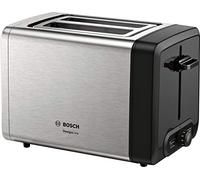 Bosch DesignLine TAT4P420DE Grille-pain compact en acier inoxydable, avec arrêt automatique, fonction décongélation, parfait pour 2 tranches de pain grillé, fonction lift, 970 W, acier inoxydable/noir