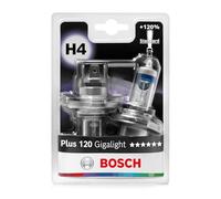Bosch H4 Plus 120 Gigalight Ampoule de Phare Halogène, 12V 60/55 W, Faisceau Lumineux 120% plus Long - Culot P43t - Pack de 2 Ampoules de Rechange pour Voiture