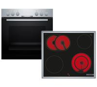 Bosch HND211CS63 Kit de cuisinière encastrable 60 cm, HEA510BS3, série 2, air chaud 3D, boutons escamotables, acier inoxydable et plaque de cuisson électrique 60 cm, NKN645GA2E, série 4, cuisinière