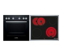 Bosch HND611LS62 Kit de cuisinière encastrable composé de cuisinière HEG517BB3, 60 x 60 cm, fabriqué en Allemagne, air chaud 3D, hydrolyse, écran LED et plaque de cuisson électrique NKN645GA2E, zone