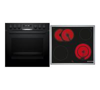 Bosch HND671LS62 Kit de cuisinière encastrable composé de cuisinière HEG578BB3, 60 x 60 cm, fabriqué en Allemagne, Air Fry, air chaud 3D, hydrolyse et pyrolyse autonettoyante, et plaque de cuisson