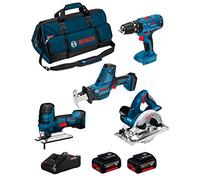BOSCH Kit 18V BK404BAG (Scie Sabre GSA 18 V-LI C + Scie Sauteuse GST 18 V-LI S + Scie Circulaire GKS 18 V-LI + Perceuse à Percussion GSB 18V-21 + 2 Batteries de 5,0 Ah + Chargeur + Sac)