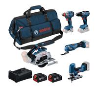 Bosch Kit 5 outils GSR18V-65+GDX18V-285+GKS18V-57-2+GOP18V-34+GST18V-125S+2xGBA5Ah+GAL12V-18V-80+sac