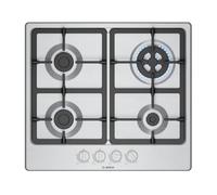 Bosch PGH6B5K90 Série 4 Plaque de cuisson à gaz 60 cm 4 brûleurs en acier | Plaque de cuisson à gaz avec contrôle précis de la flamme, grilles en fonte lavables au lave-vaisselle, fabriquée en Europe