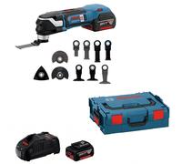 Bosch Professional 18V System découpeur-ponceur sans-fil GOP 18V-28 (avec 2 batteries 5,0 Ah, chargeur rapide, 7 lames plongeantes, 10 feuilles abrasives, 3 lames segments, 1 plateau ponçage, L-BOXX)